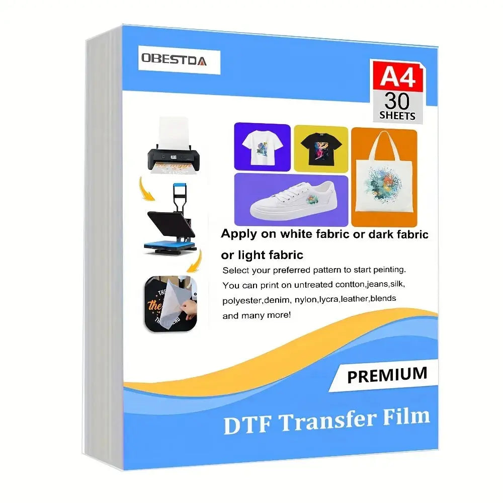A4 30 Pcs DTF Transfer Film PET Heat Transfer Paper Matte Double-Side Clear Pretreat Sheets for DYI Direct on T-Shirts Bags Colorful 001 Store EBOYGIFTS