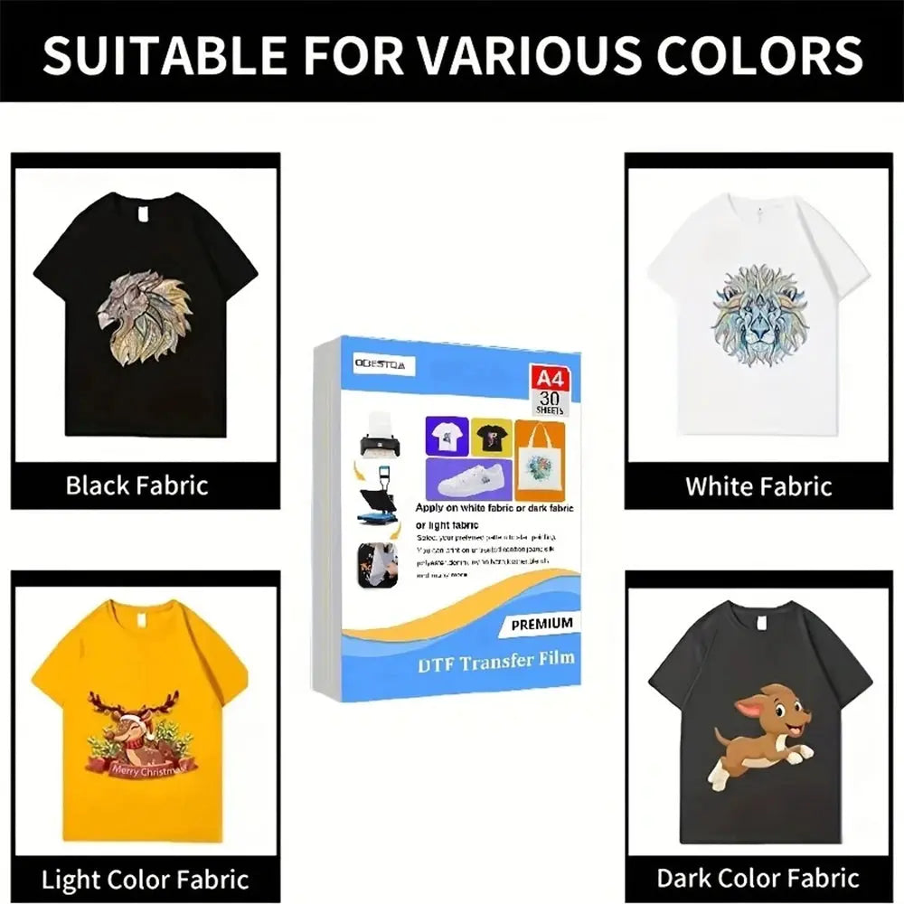 A4 30 Pcs DTF Transfer Film PET Heat Transfer Paper Matte Double-Side Clear Pretreat Sheets for DYI Direct on T-Shirts Bags Colorful 001 Store EBOYGIFTS