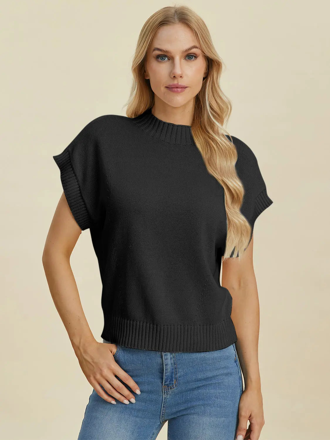 Double Take Full Size Mock Neck Short Sleeve Sweater  