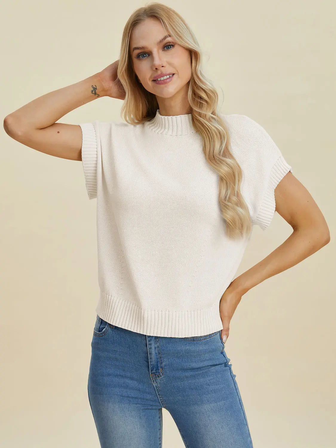 Double Take Full Size Mock Neck Short Sleeve Sweater  