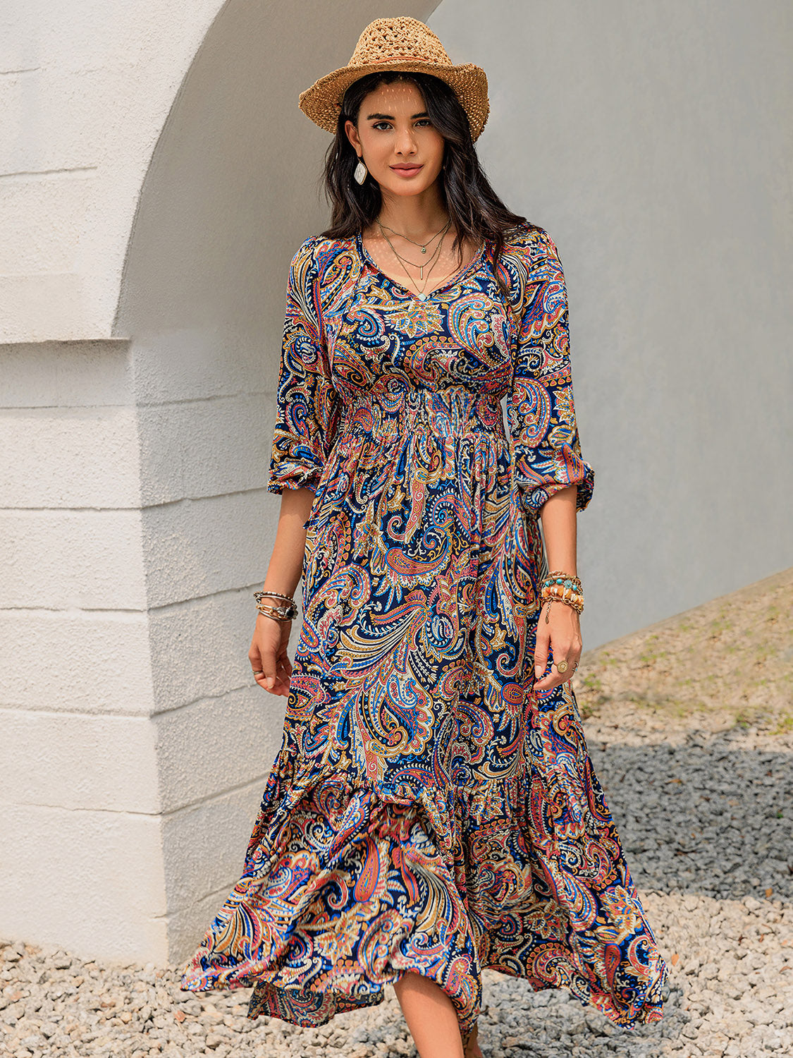 Printed Tie Neck Long Sleeve Midi Dress  