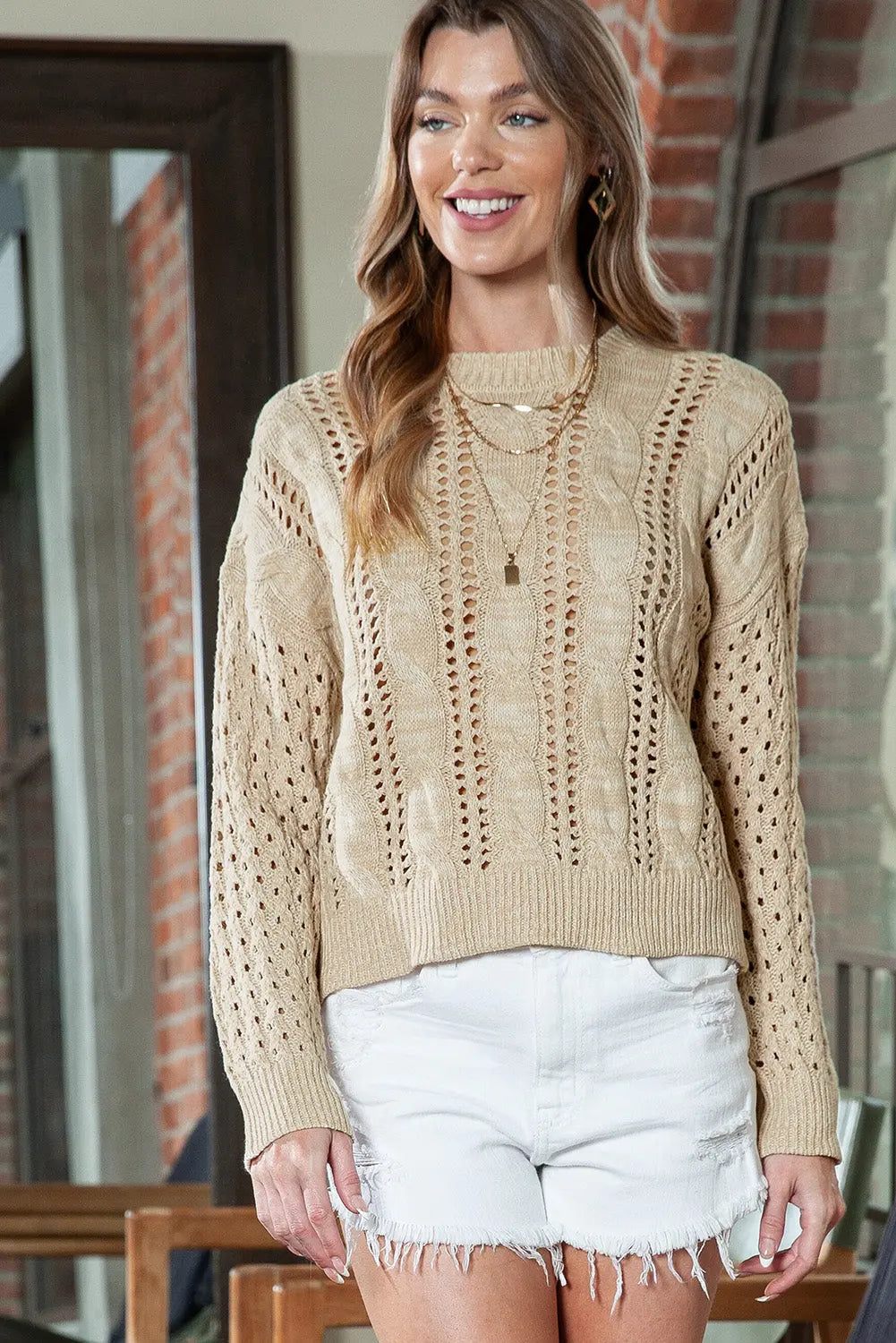 Full Size Openwork Cable-Knit Round Neck Knit Top  