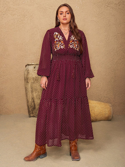 Plus Size Embroidered Polka Dot Tie Neck Long Sleeve Midi Dress  