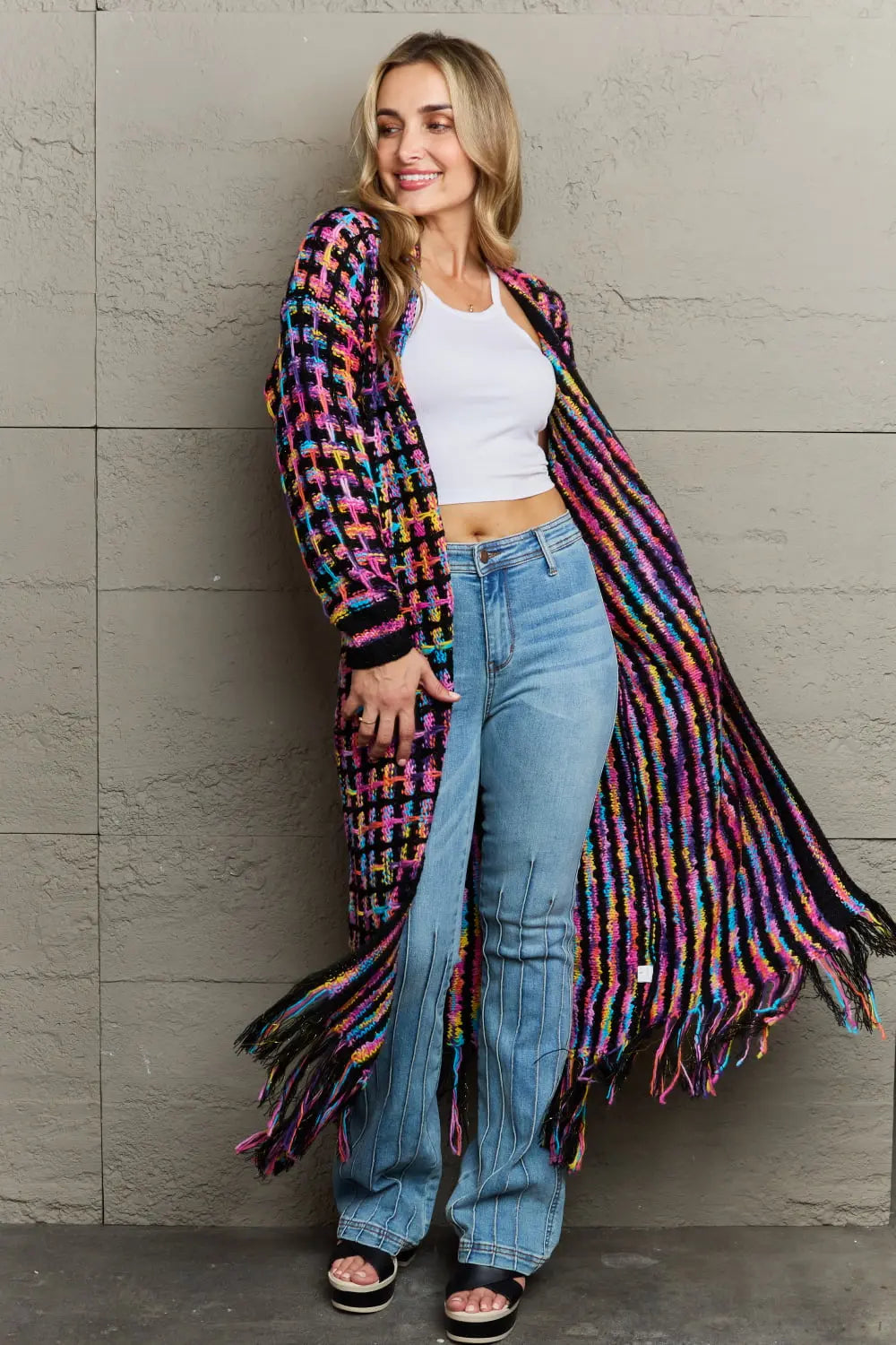 Angel Wings Full Size Multicolored Open Front Fringe Hem Cardigan  