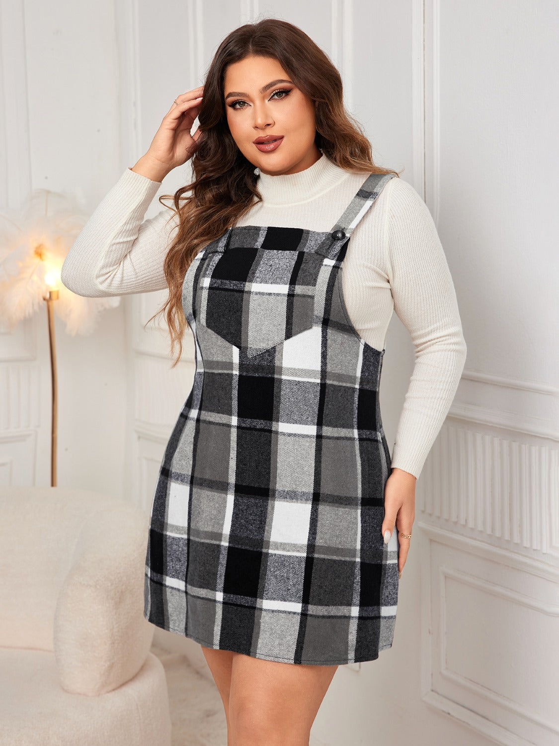 Honey Plus Size Plaid Wide Strap Overall Dress  