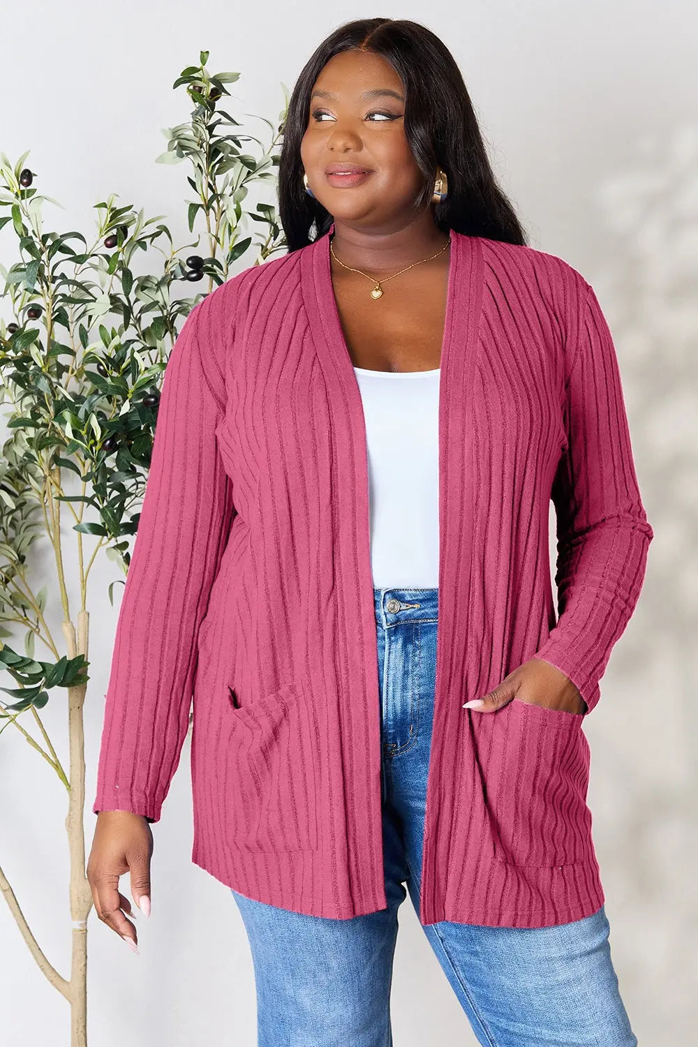 Basic Bae Full Size Ribbed Open Front Cardigan with Pockets  