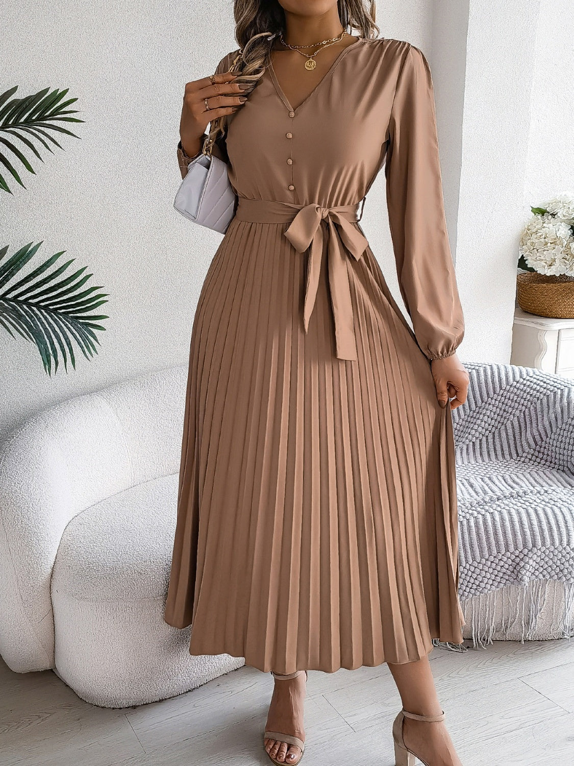 Pleated Tied V-Neck Long Sleeve Dress  