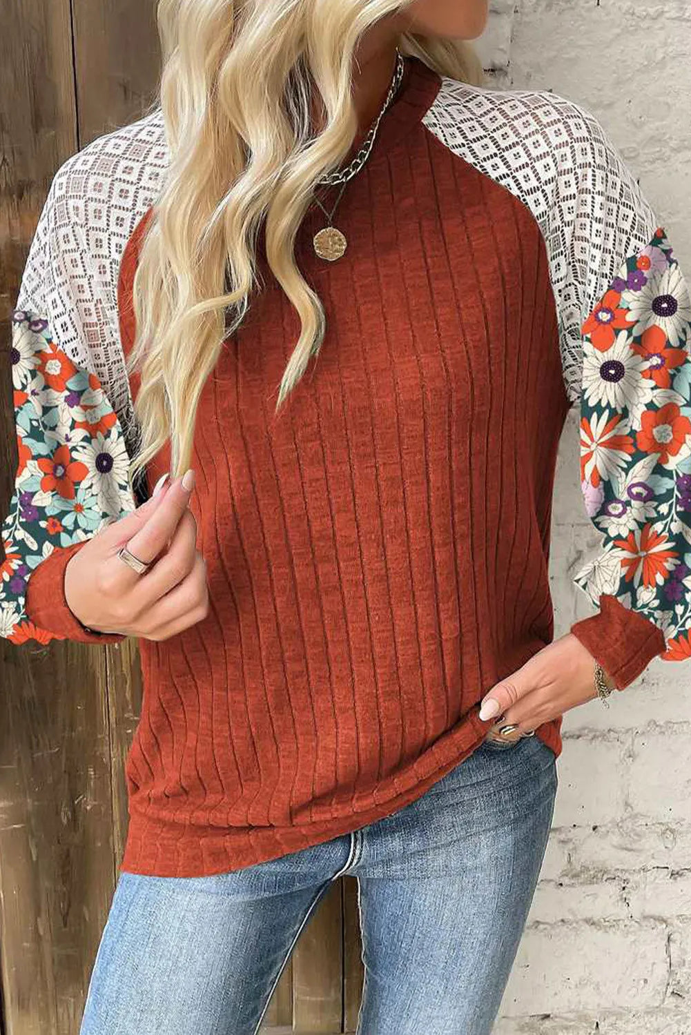 Printed Round Neck Long Sleeve Top  