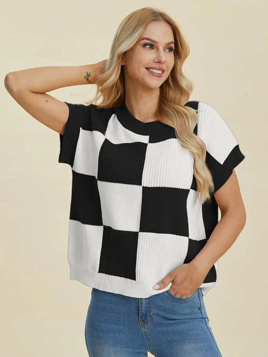 Double Take Full Size Checkered Round Neck Short Sleeve Sweater  