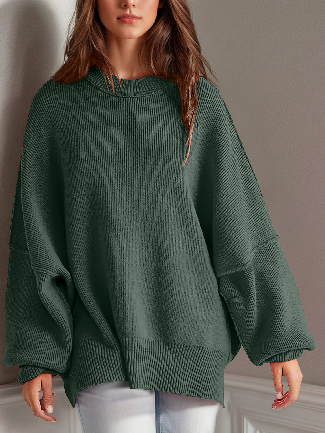 Double Take Side Slit Round Neck Long Sleeve Sweater  