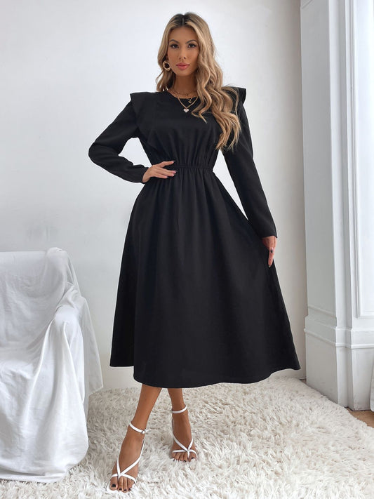 Ruched Ruffled Round Neck Long Sleeve Dress  