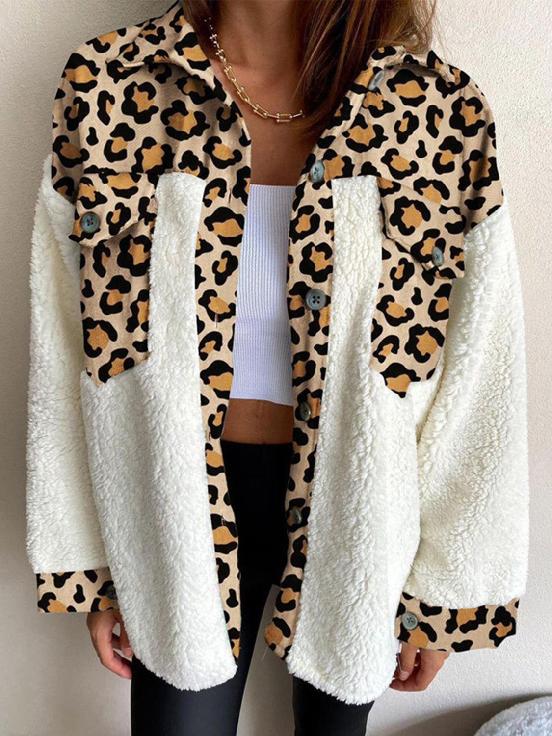 Fuzzy Button Up Long Sleeve Jacket  