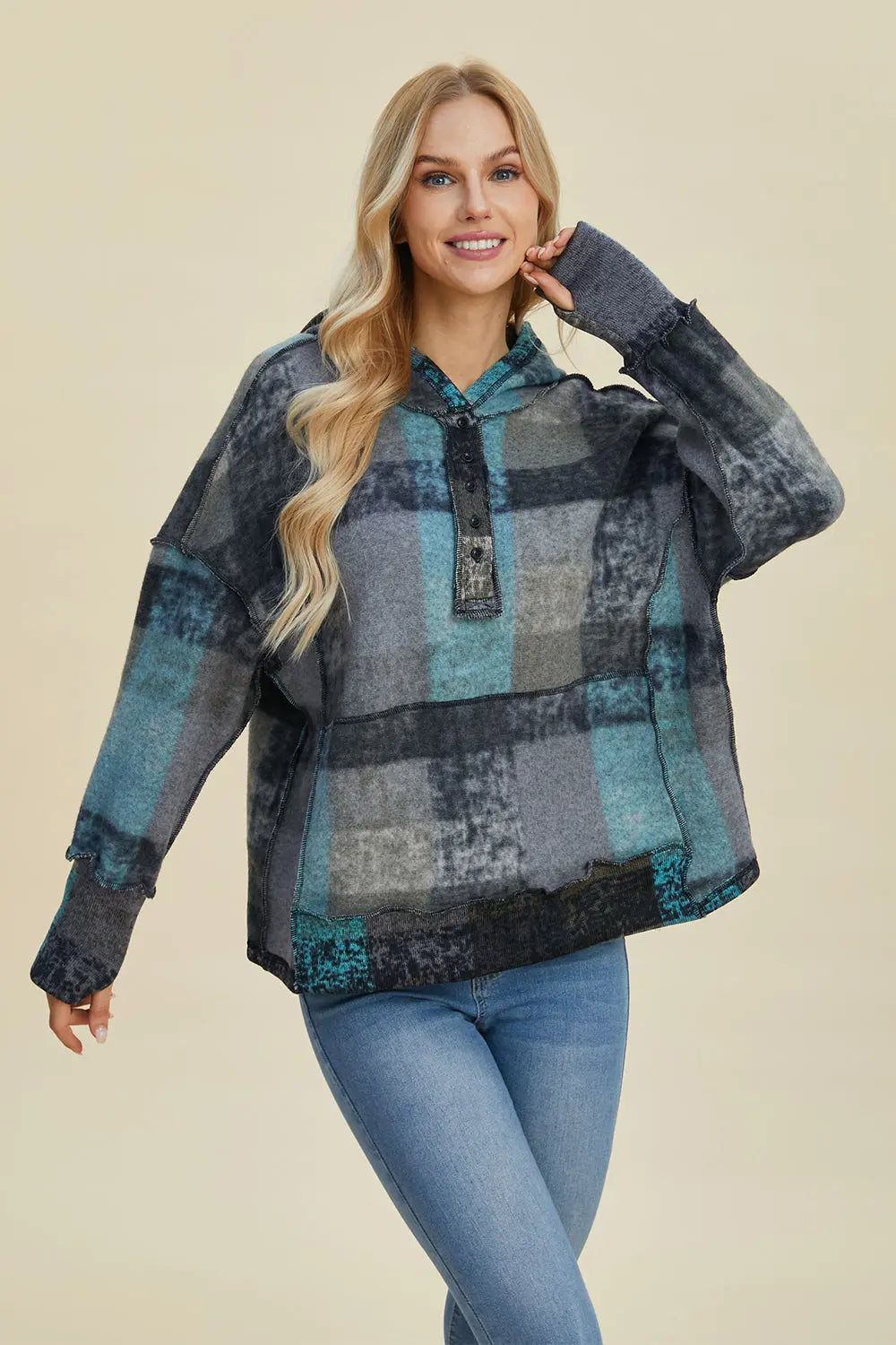 Double Take Full Size Plaid Dropped Shoulder Hoodie  