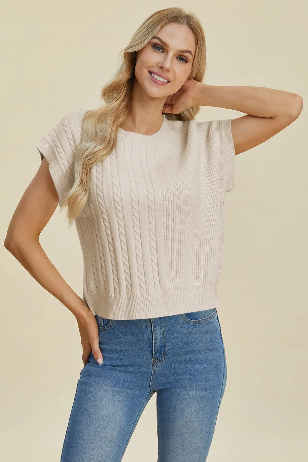 Double Take Full Size Cable-Knit Round Neck Short Sleeve Sweater  