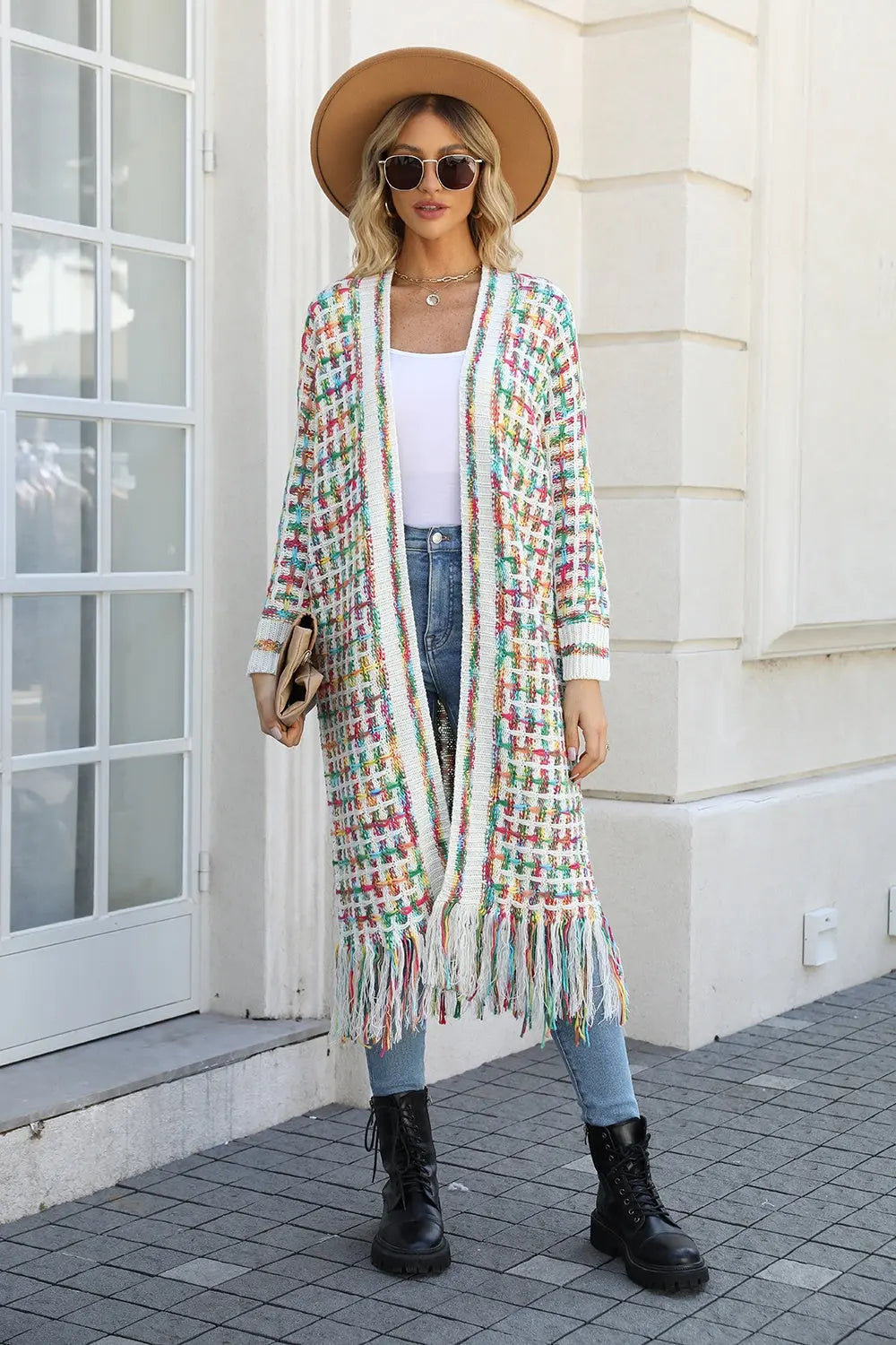 Angel Wings Full Size Multicolored Open Front Fringe Hem Cardigan  