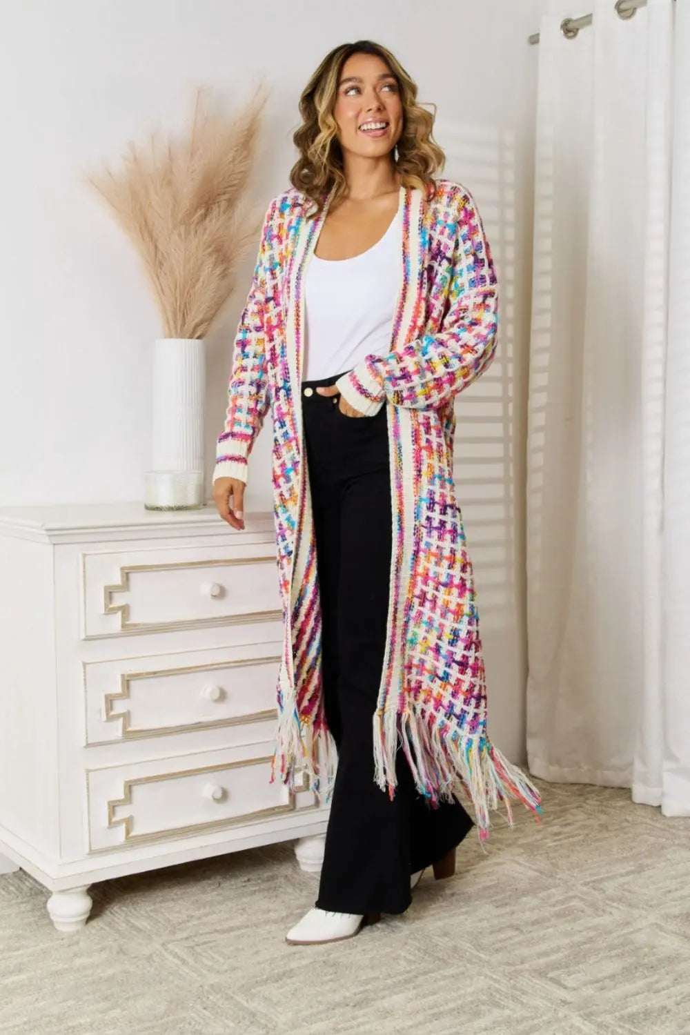 Angel Wings Full Size Multicolored Open Front Fringe Hem Cardigan  