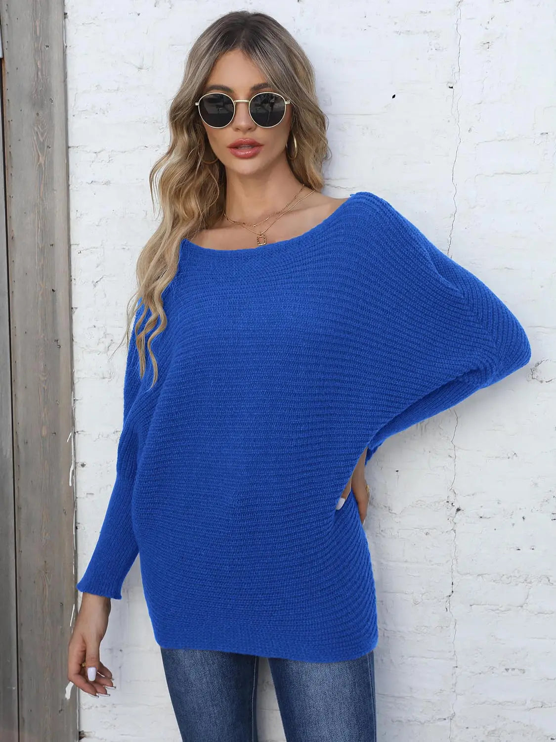 Full Size Horizontal Ribbing Dolman Sleeve Sweater  