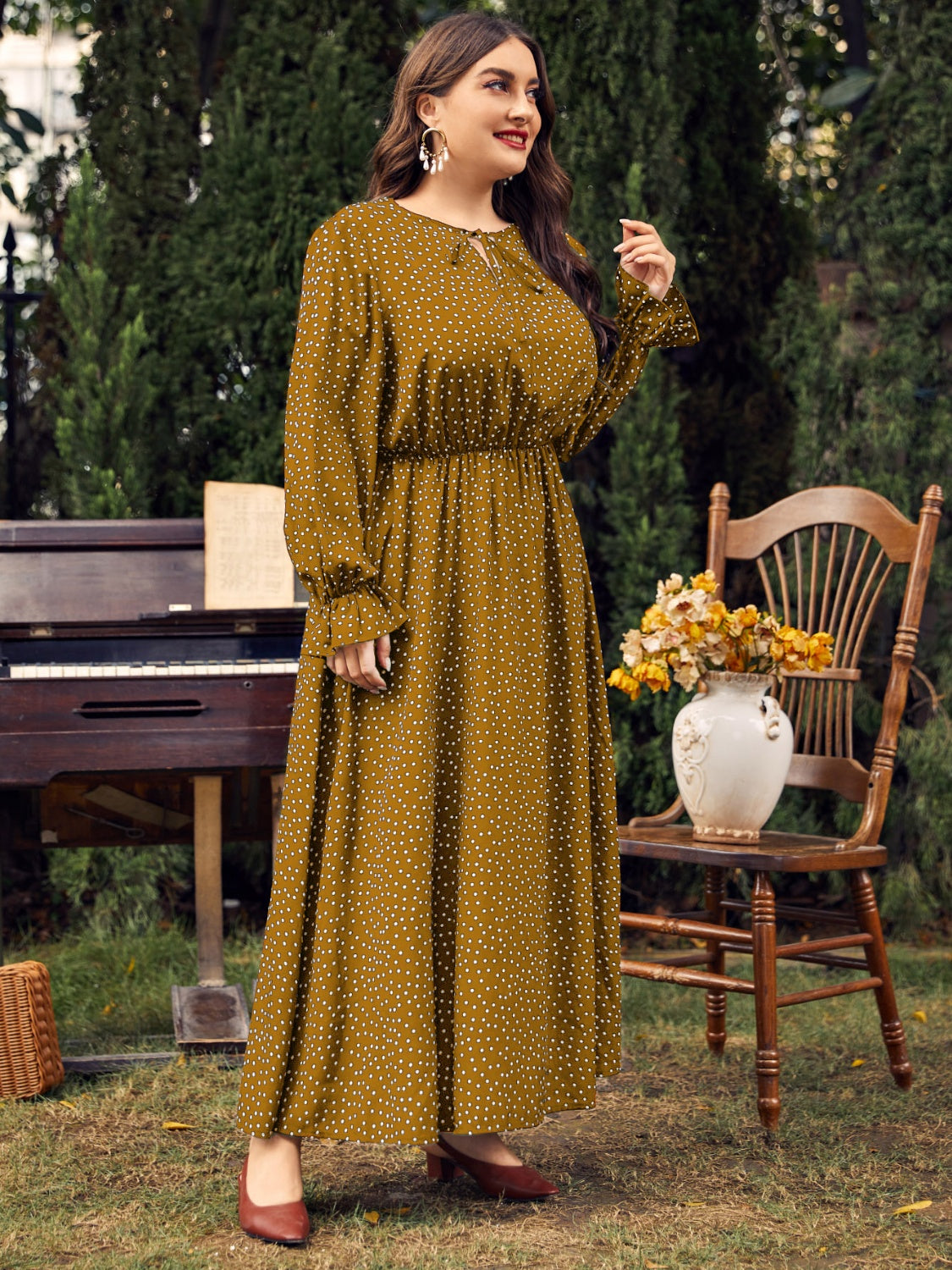 Honey Plus Size Ruffled Polka Dot Long Sleeve Midi Dress  