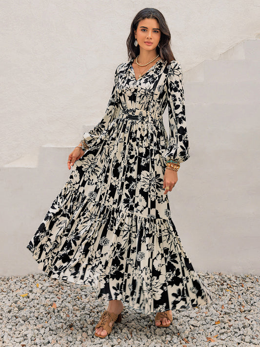 Smocked Printed Tie Neck Long Sleeve Dress  