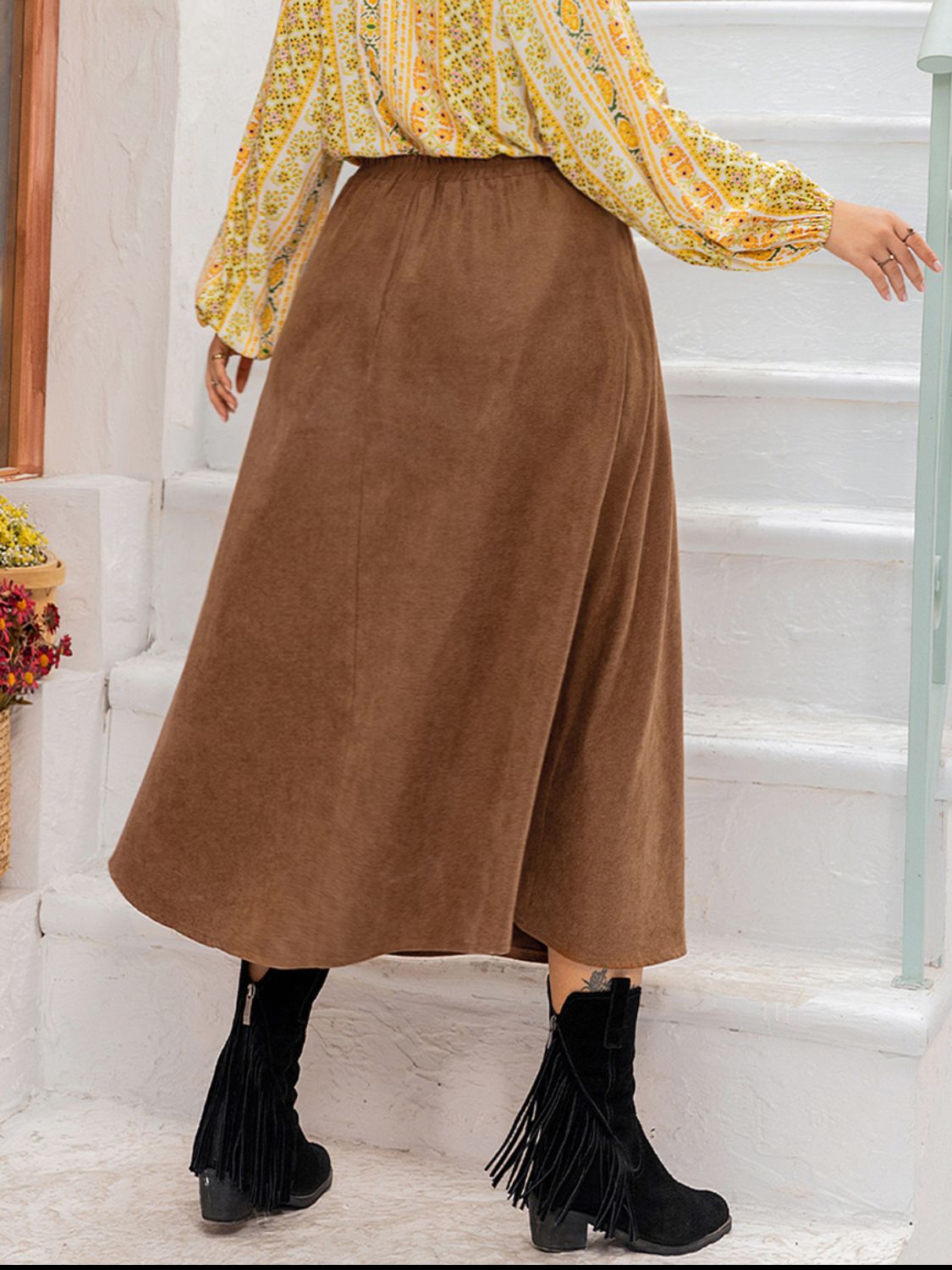 Plus Size Embroidered Pocketed High Waist Skirt  