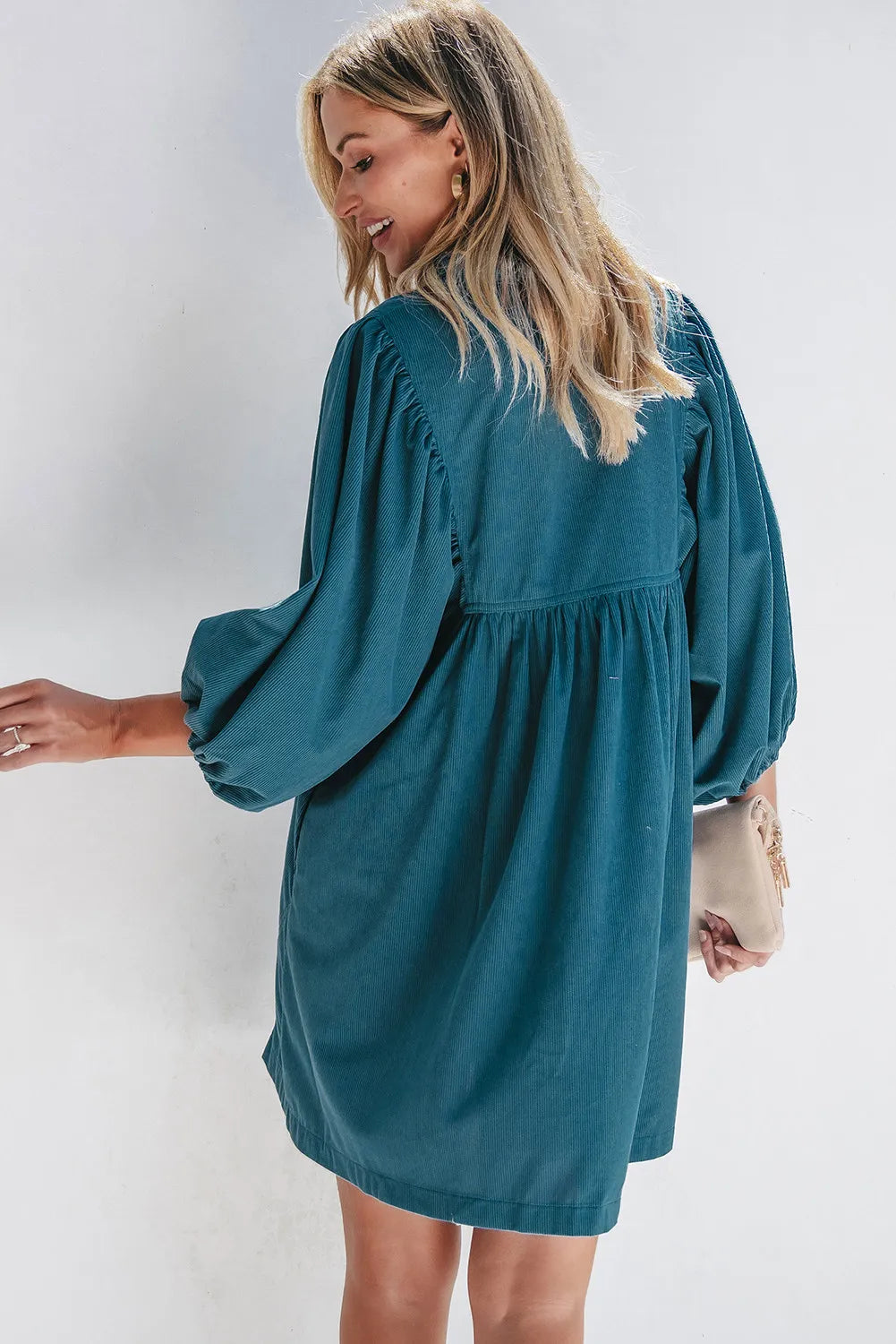 Quarter Snap Three-Quarter Sleeve Dress with Pockets  