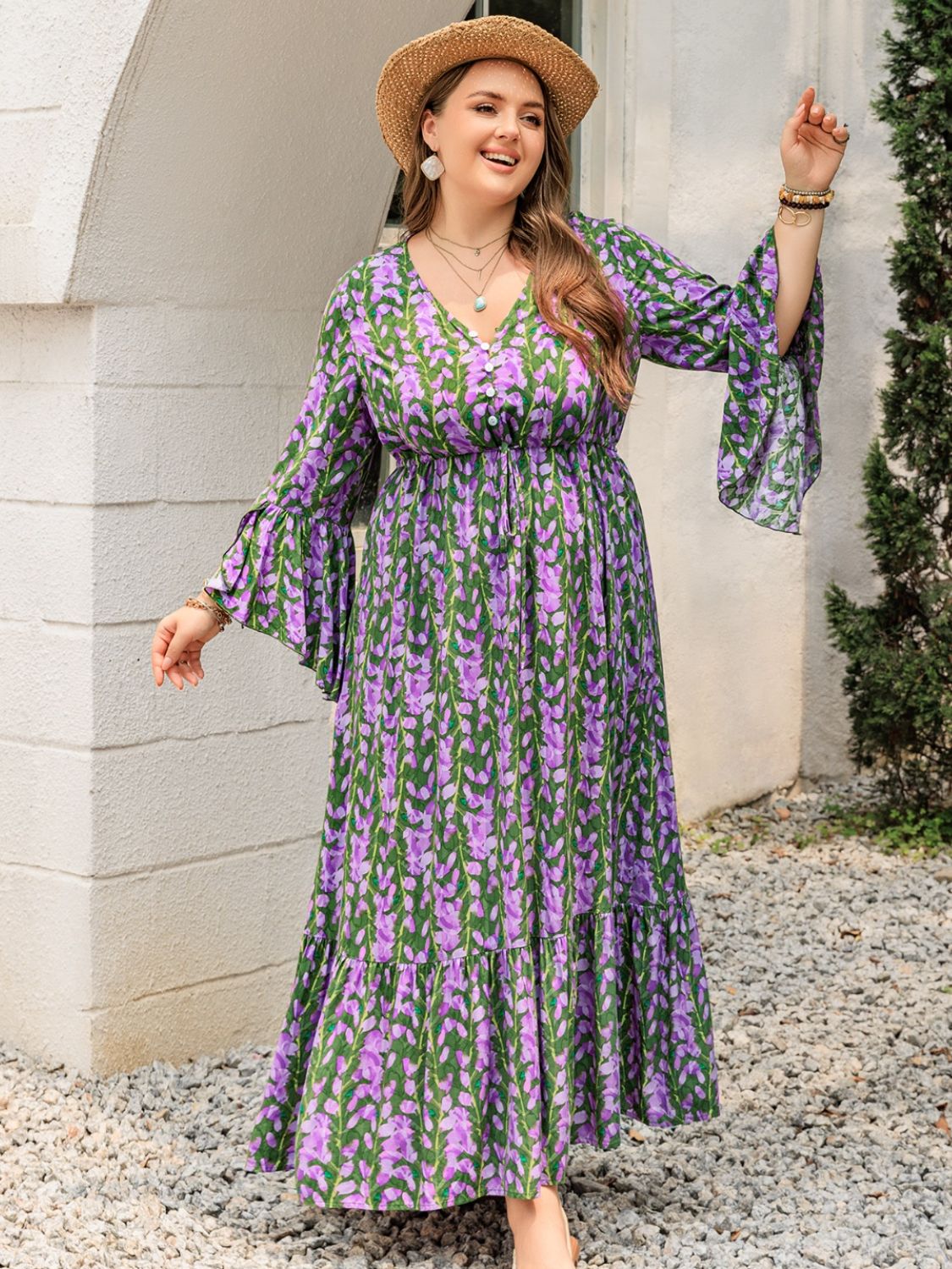 Plus Size Printed V-Neck Long Sleeve Maxi Dress  