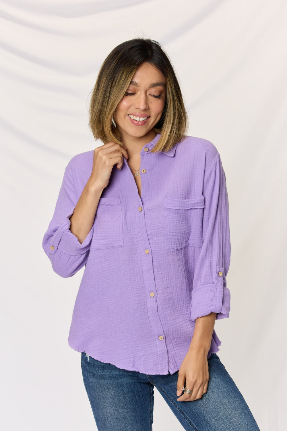 Zenana Texture Button Up Raw Hem Long Sleeve Shirt  