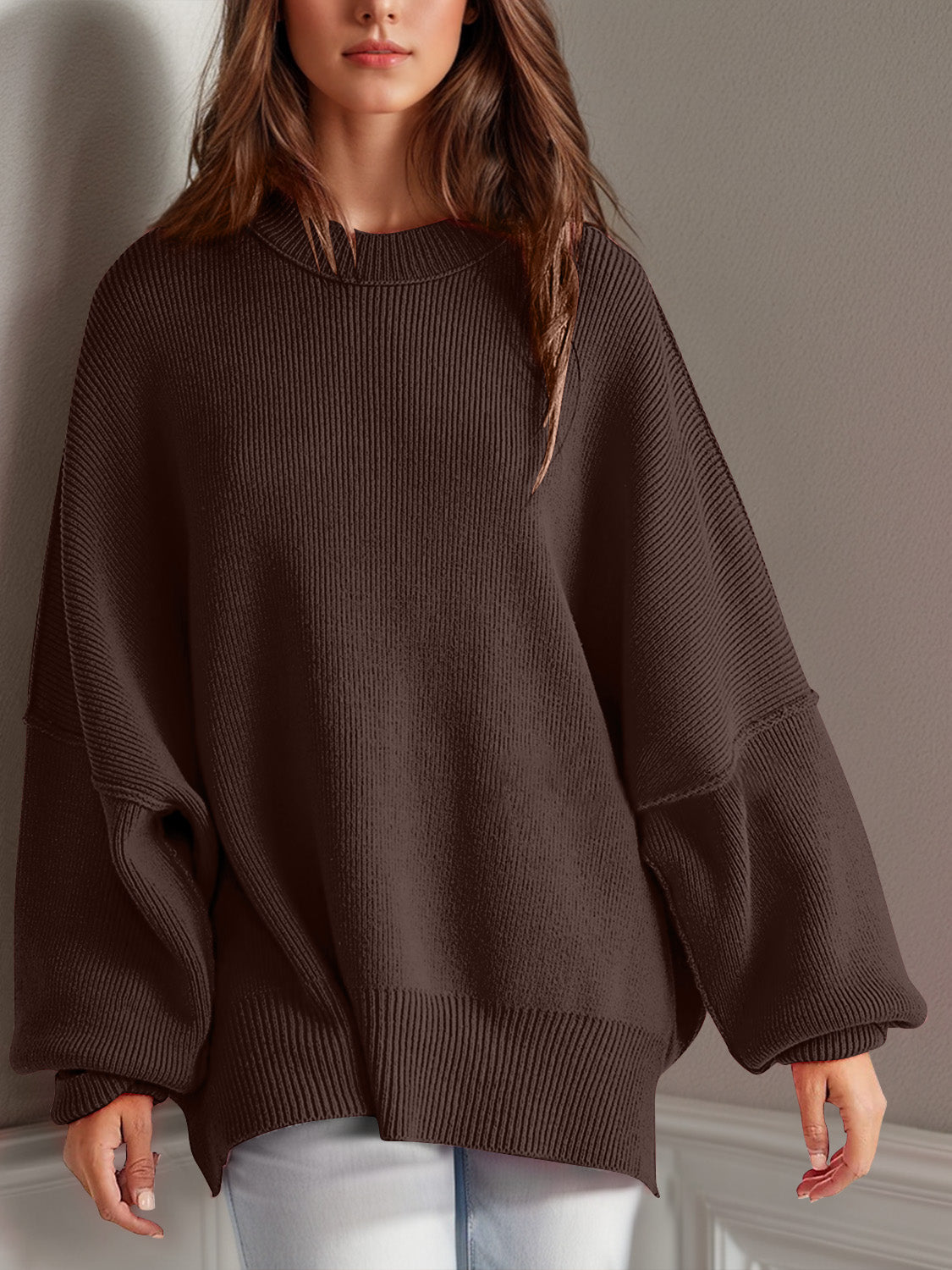 Double Take Side Slit Round Neck Long Sleeve Sweater  