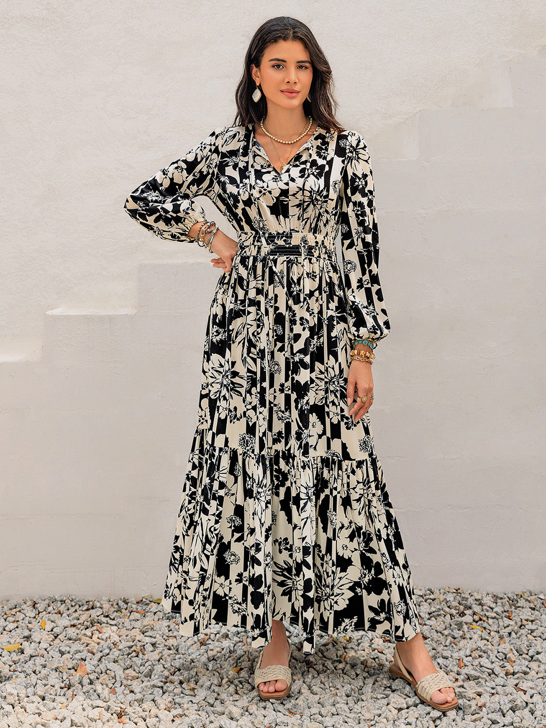 Smocked Printed Tie Neck Long Sleeve Dress  