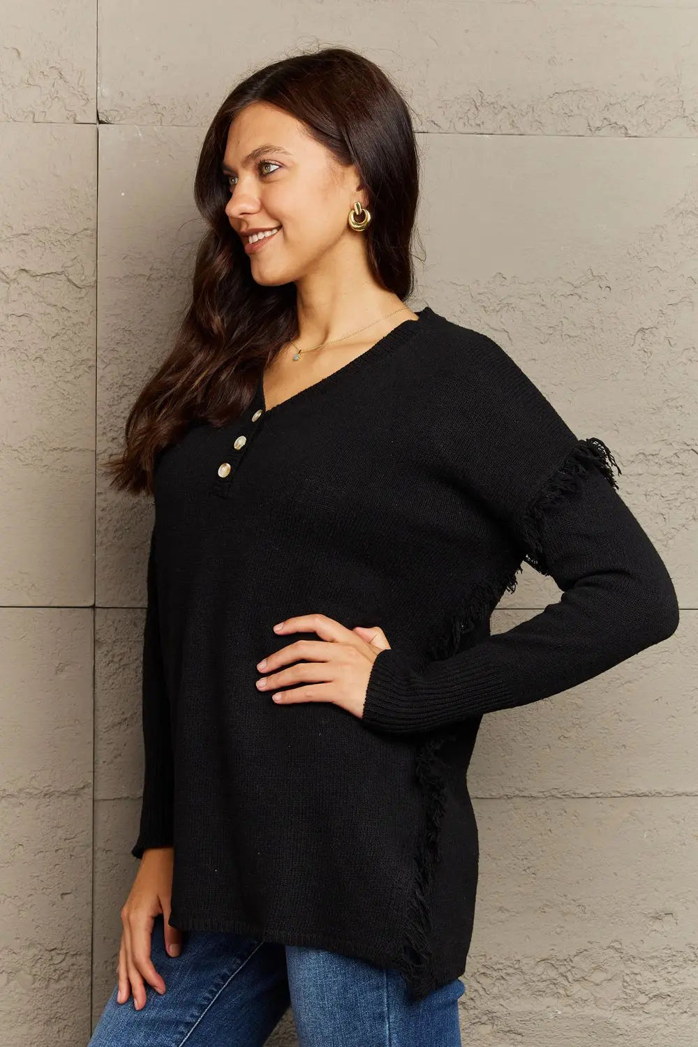 Ninexis Full Size Buttoned Dropped Shoulder Raw Hem Pullover Sweater  