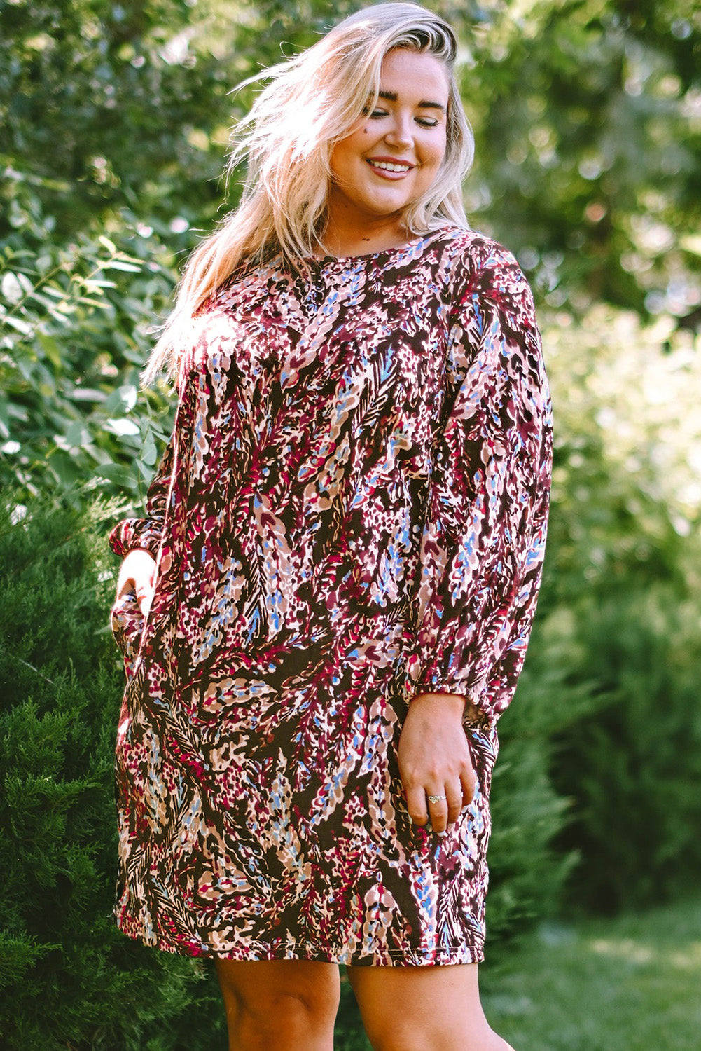 Plus Size Printed Round Neck Long Sleeve Mini Dress  