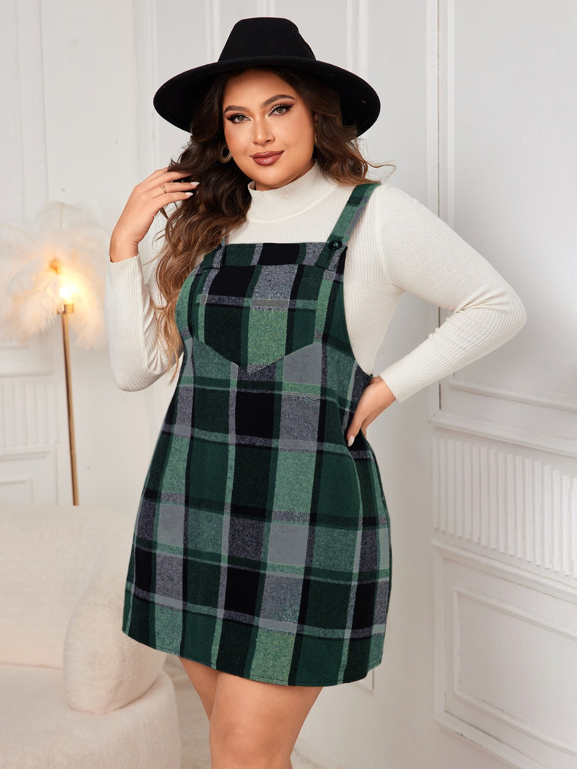 Honey Plus Size Plaid Wide Strap Overall Dress  