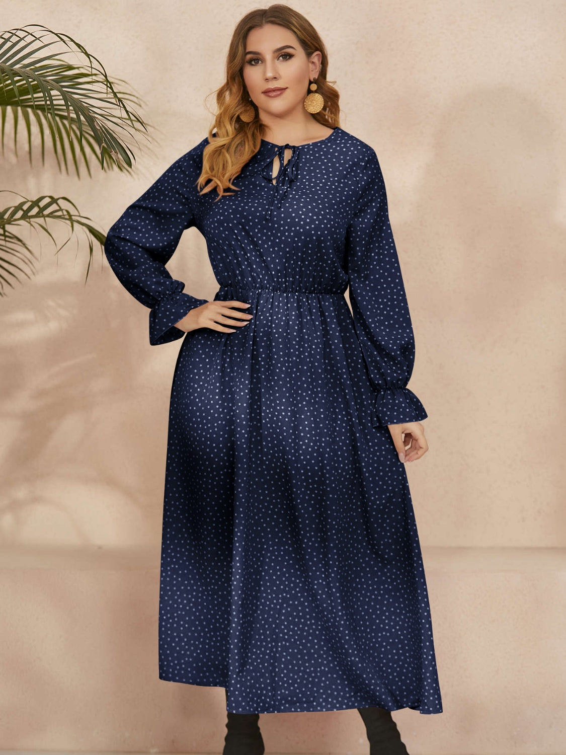 Honey Plus Size Ruffled Polka Dot Long Sleeve Midi Dress  