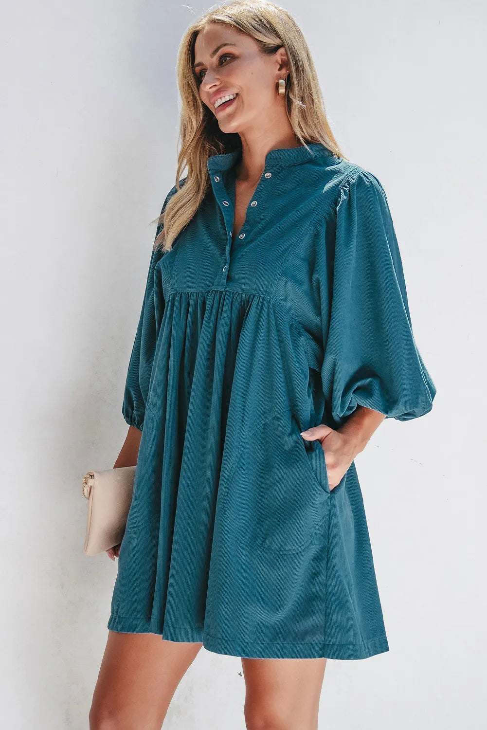 Quarter Snap Three-Quarter Sleeve Dress with Pockets  