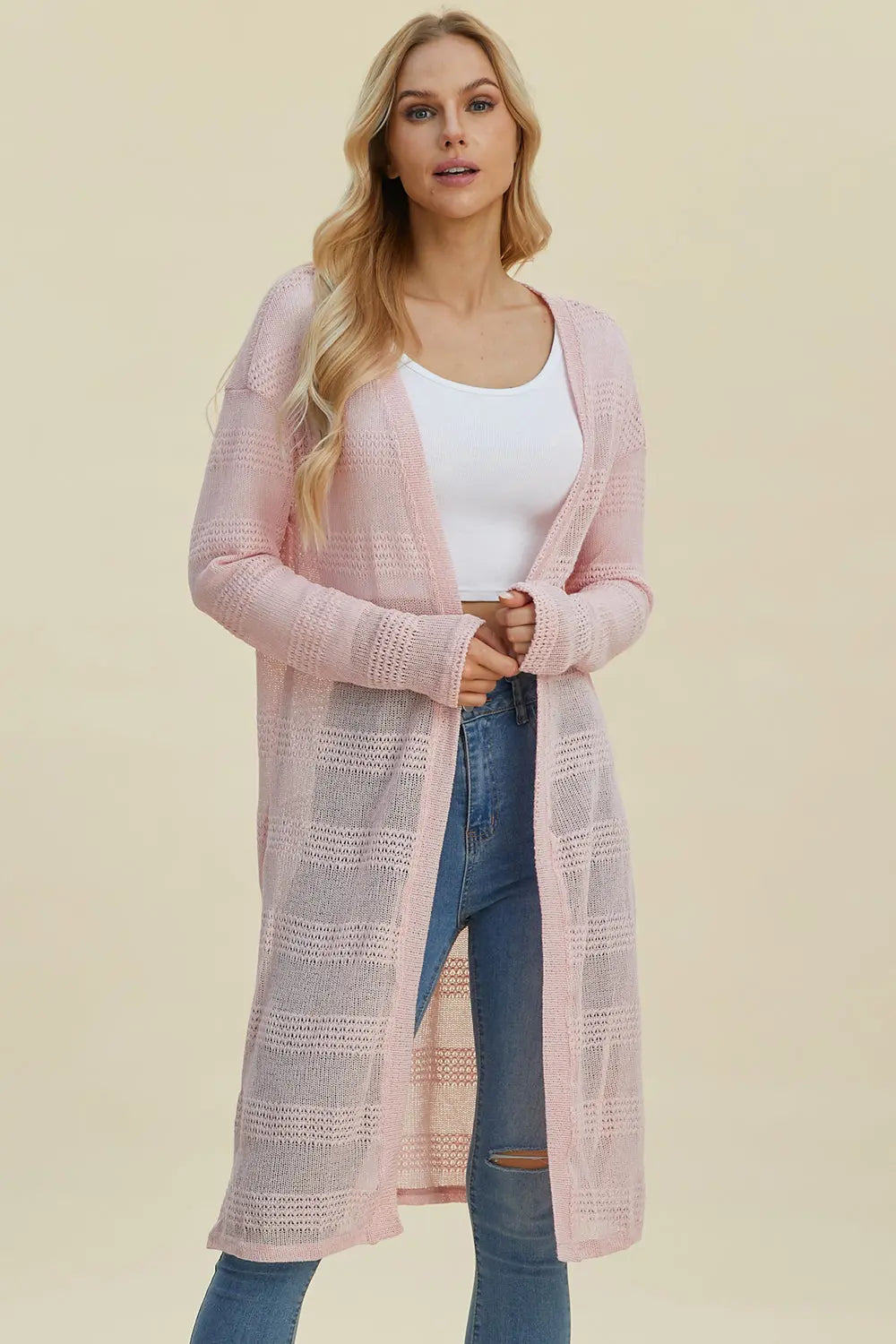 Double Take Full Size Open Front Longline Cardigan  