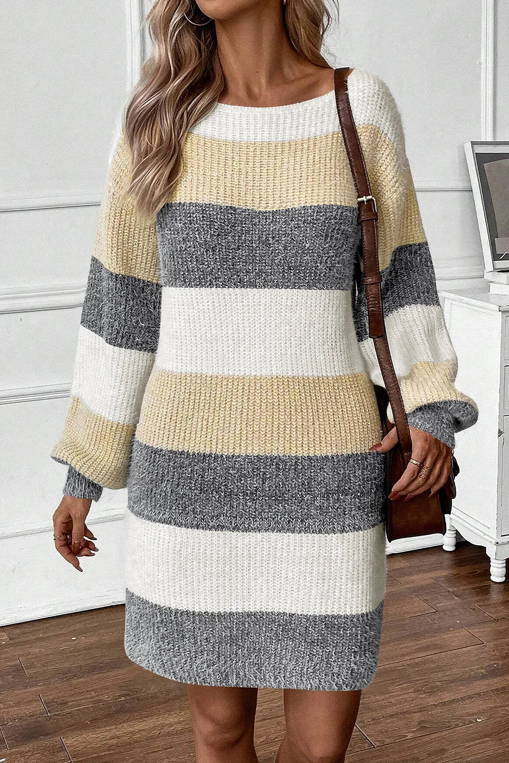 Color Block Boat Neck Long Sleeve Sweater Dress  