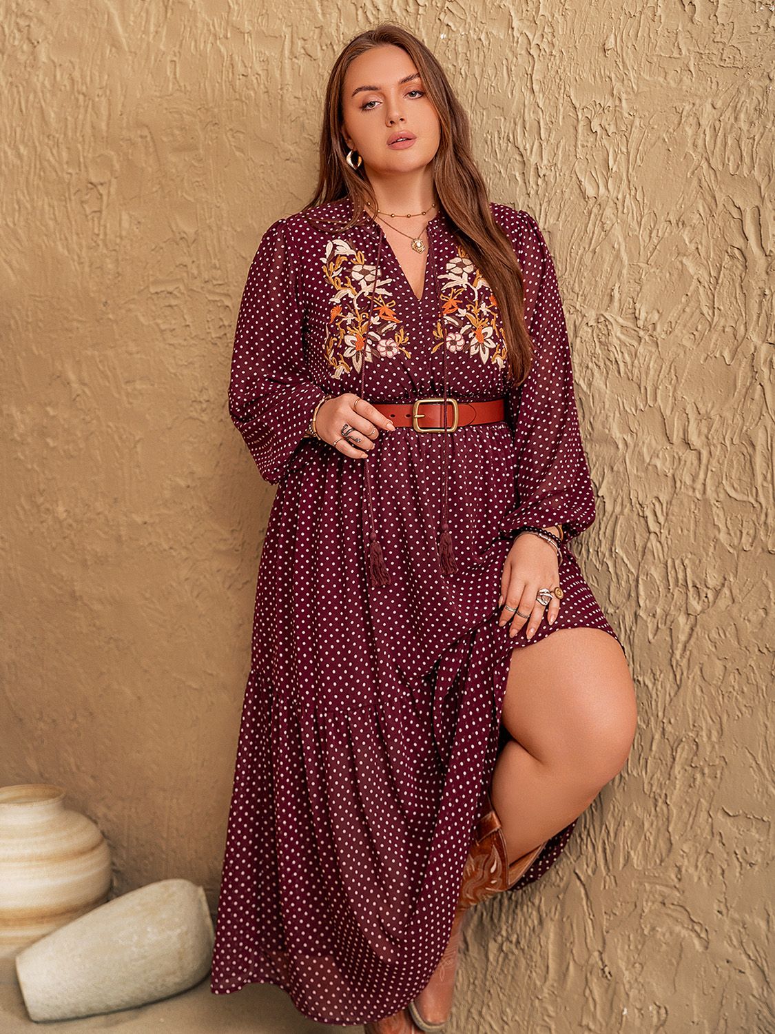 Plus Size Embroidered Polka Dot Tie Neck Long Sleeve Midi Dress  