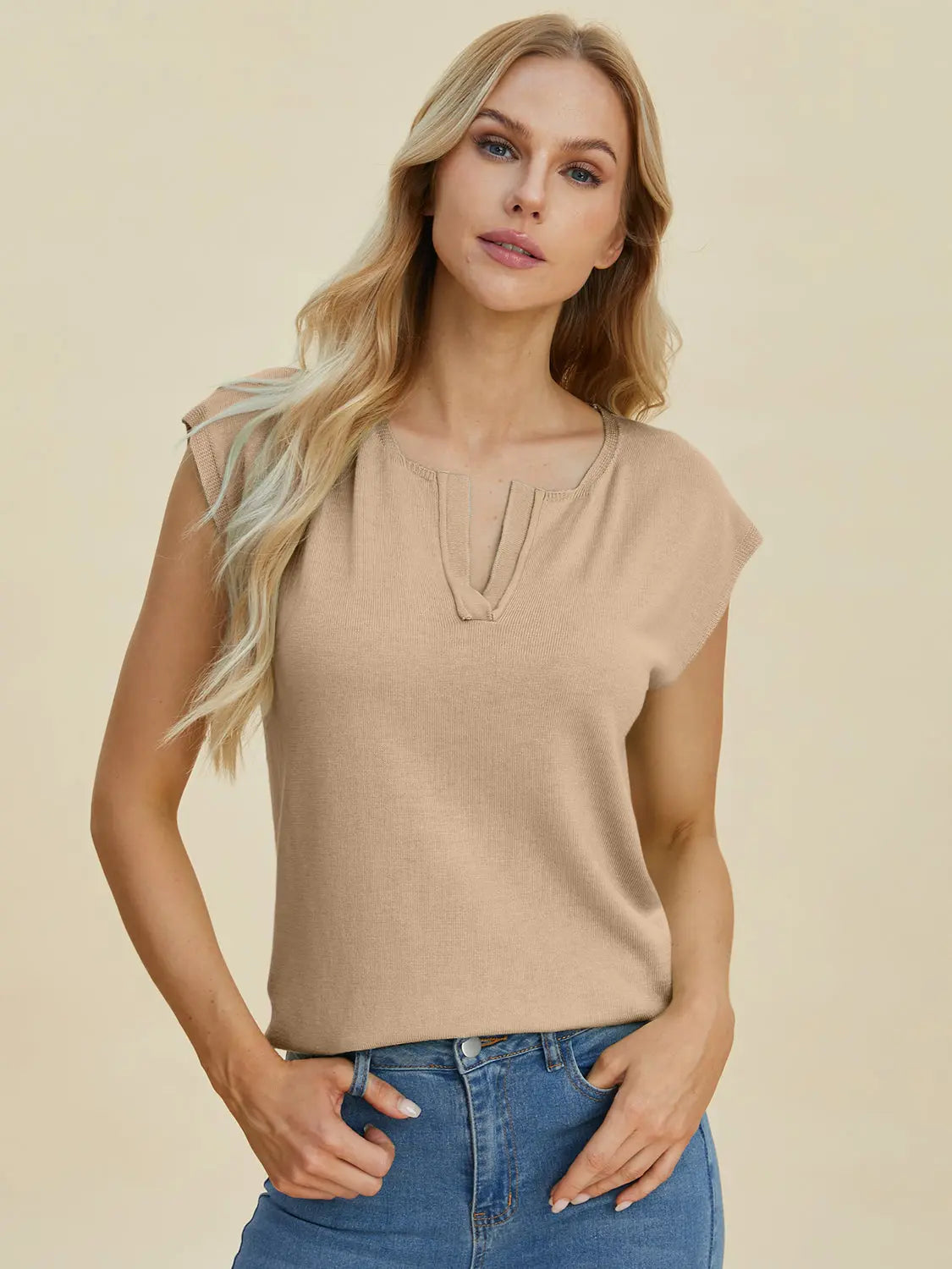 Double Take Full Size Notched Cap Sleeve Knit Top  