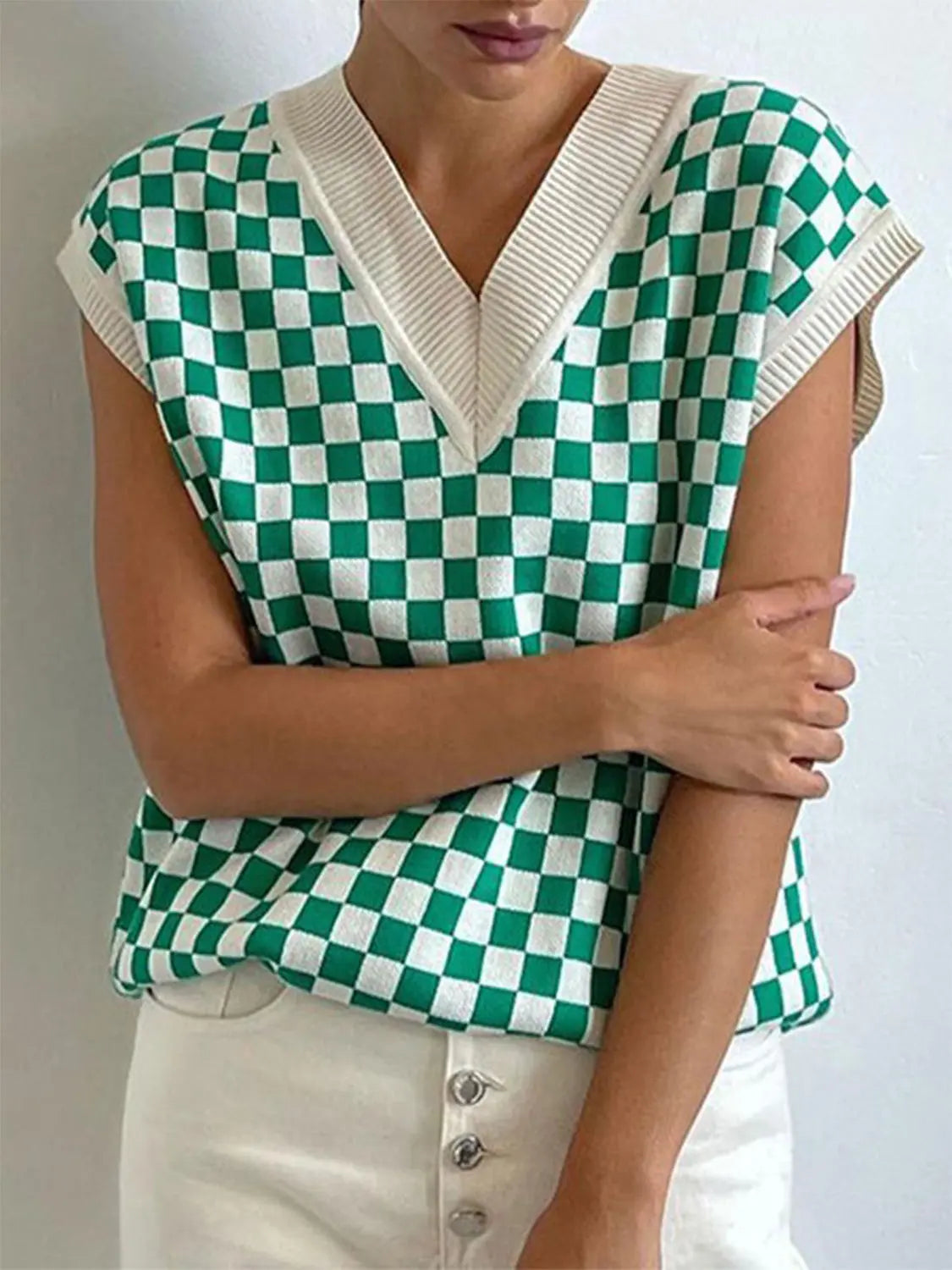 Full Size Checkered V-Neck Cap Sleeve Sweater  