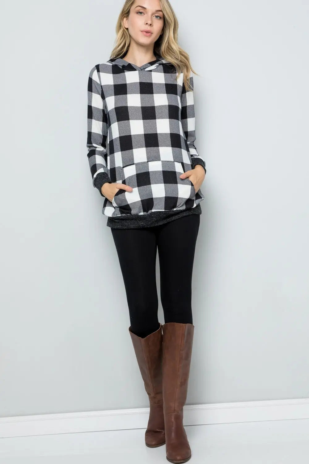 Celeste Full Size Contrast Plaid Long Sleeve Hoodie  