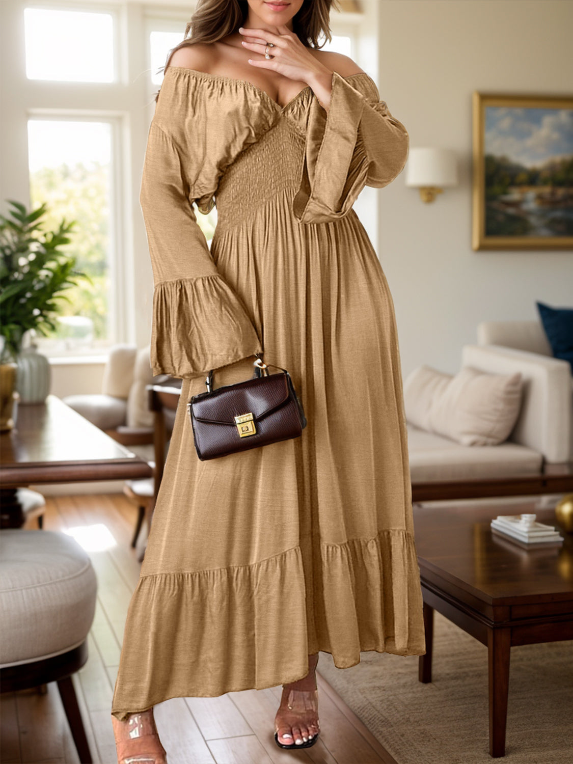 Smocked Flounce Sleeve Maxi Dress  