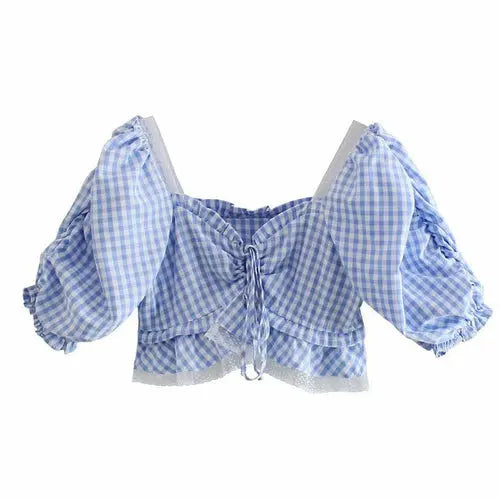 Plaid Women Lace Ruffle Blouses  