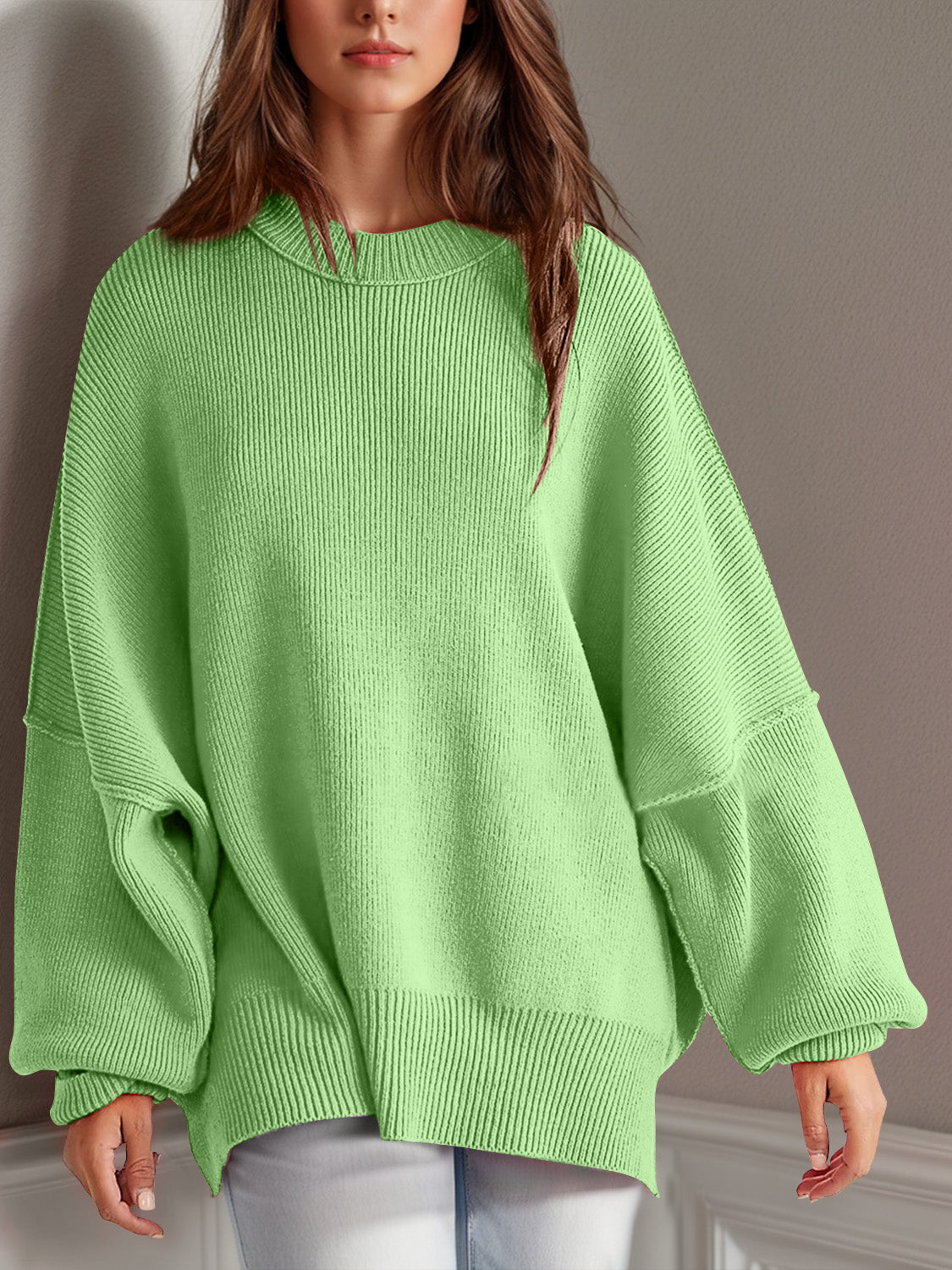 Double Take Side Slit Round Neck Long Sleeve Sweater  