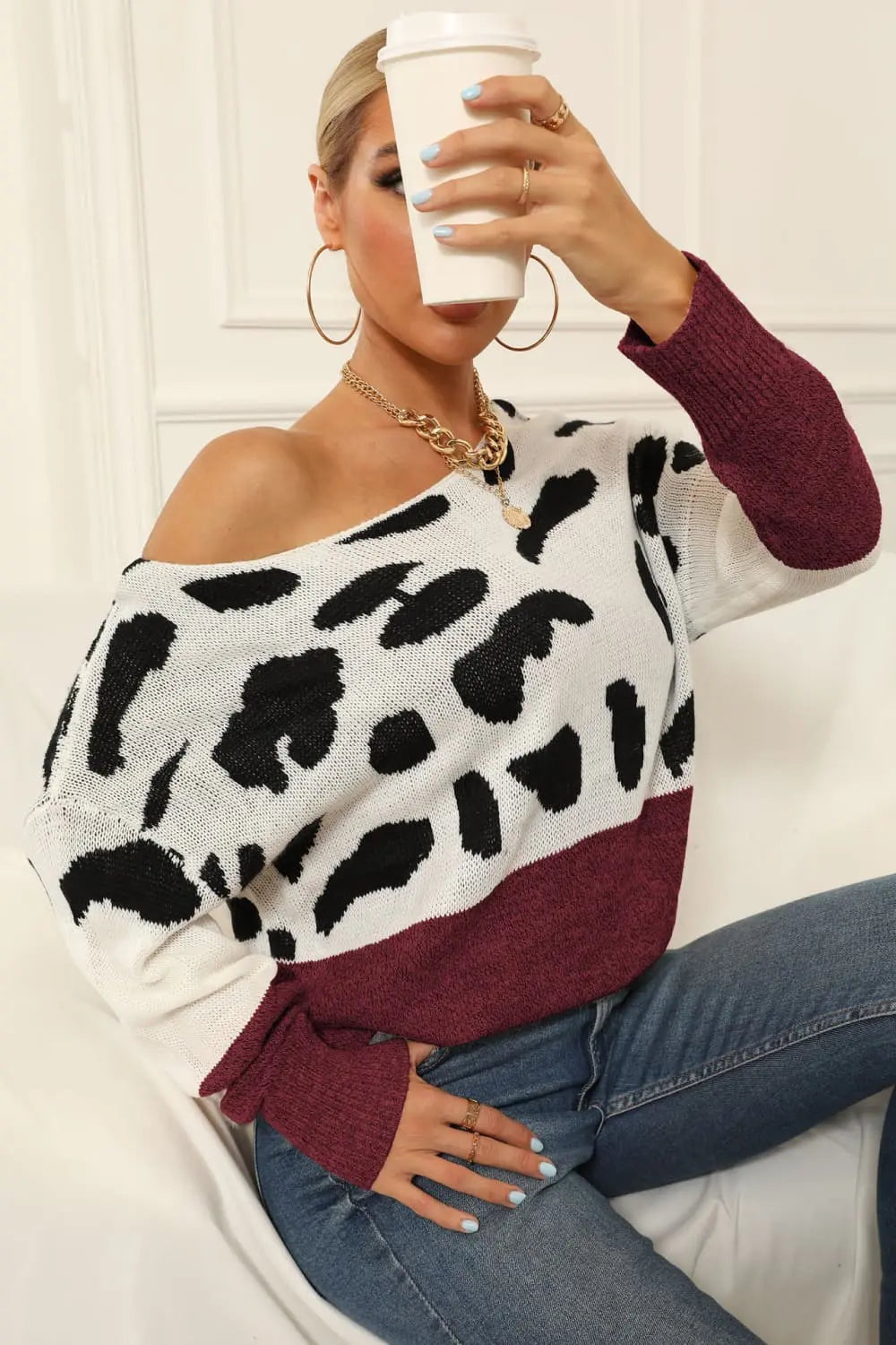 Full Size Two-Tone Boat Neck Sweater  