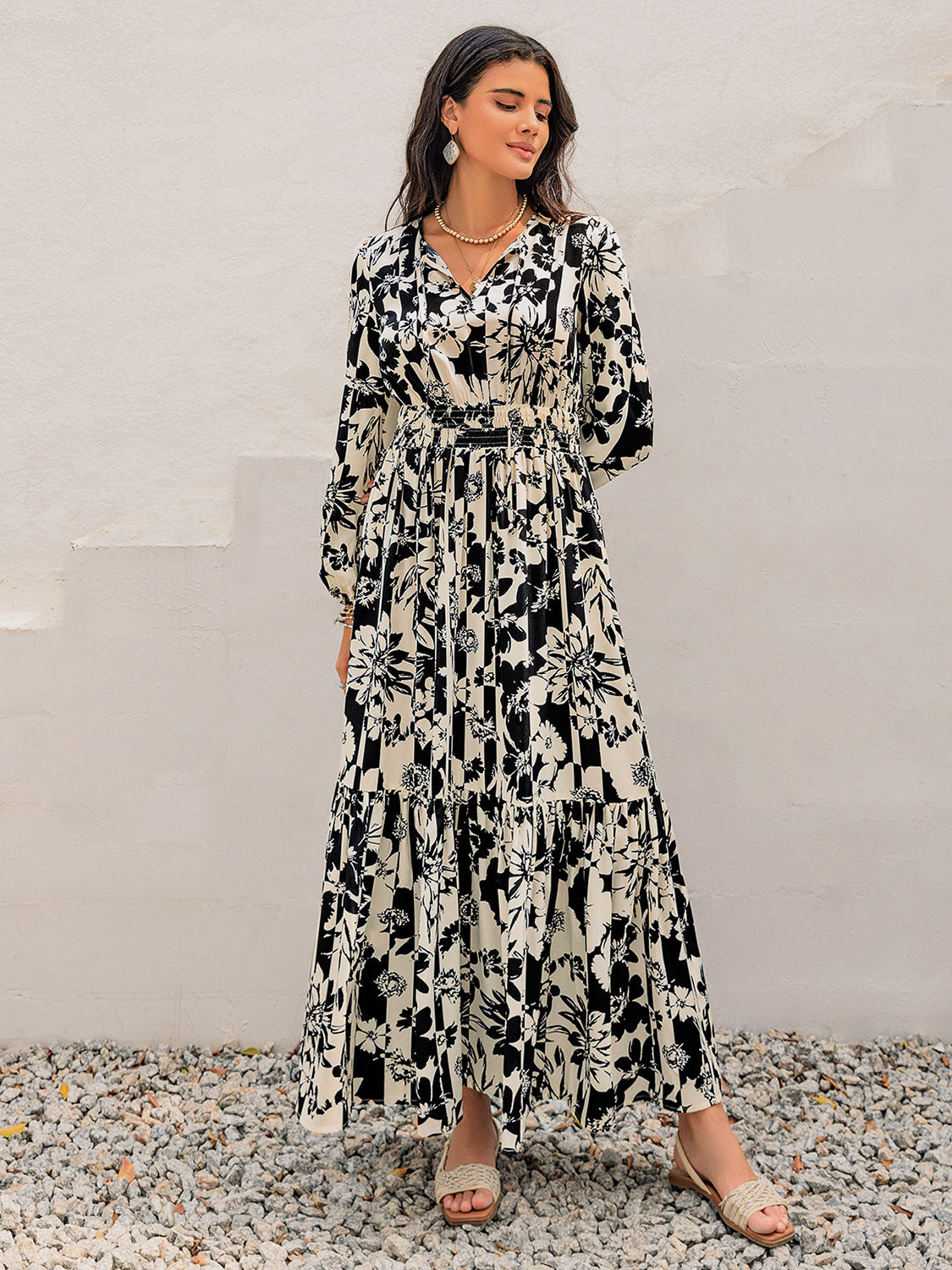 Smocked Printed Tie Neck Long Sleeve Dress  