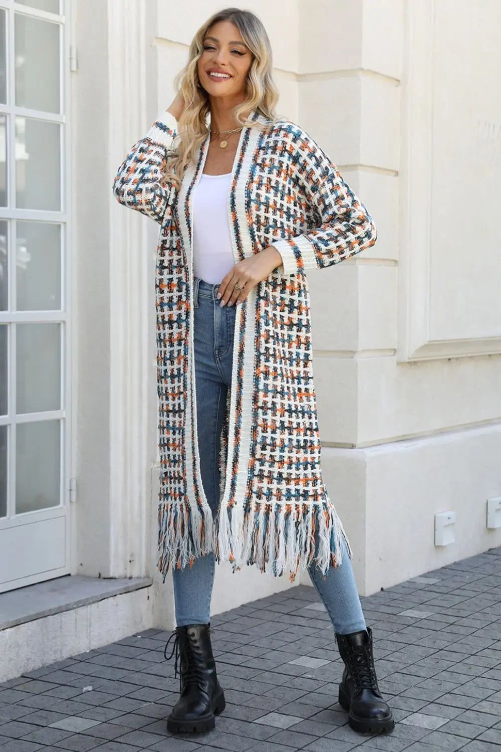 Angel Wings Full Size Multicolored Open Front Fringe Hem Cardigan  