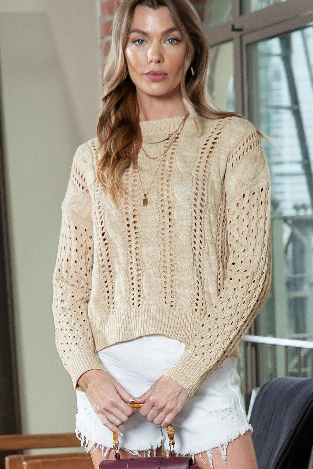 Full Size Openwork Cable-Knit Round Neck Knit Top  