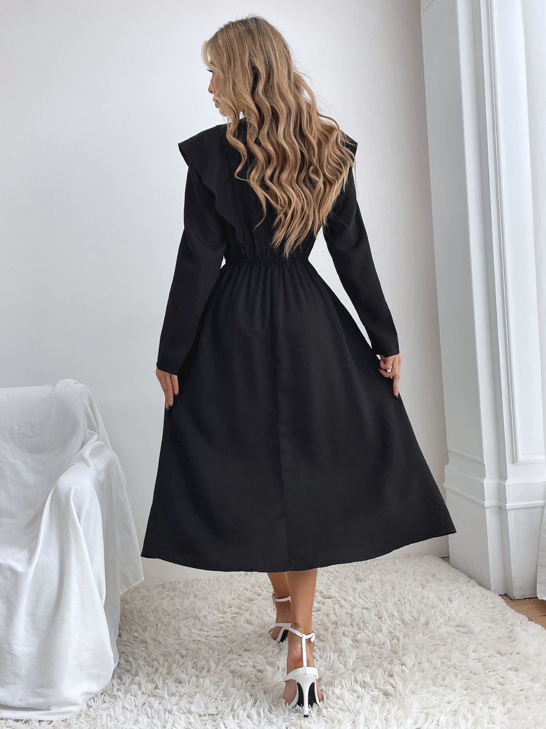 Ruched Ruffled Round Neck Long Sleeve Dress  