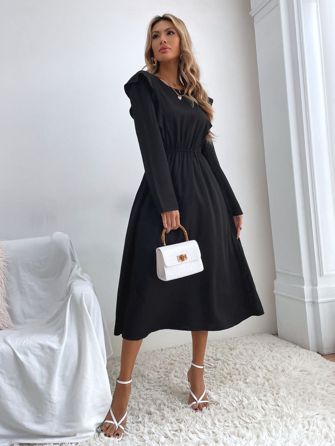 Ruched Ruffled Round Neck Long Sleeve Dress  