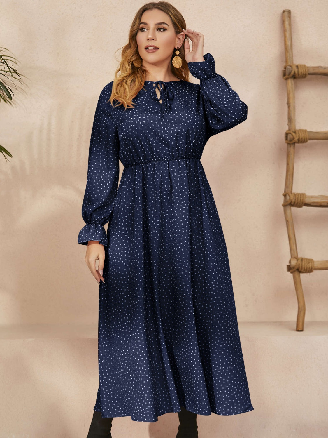 Honey Plus Size Ruffled Polka Dot Long Sleeve Midi Dress  